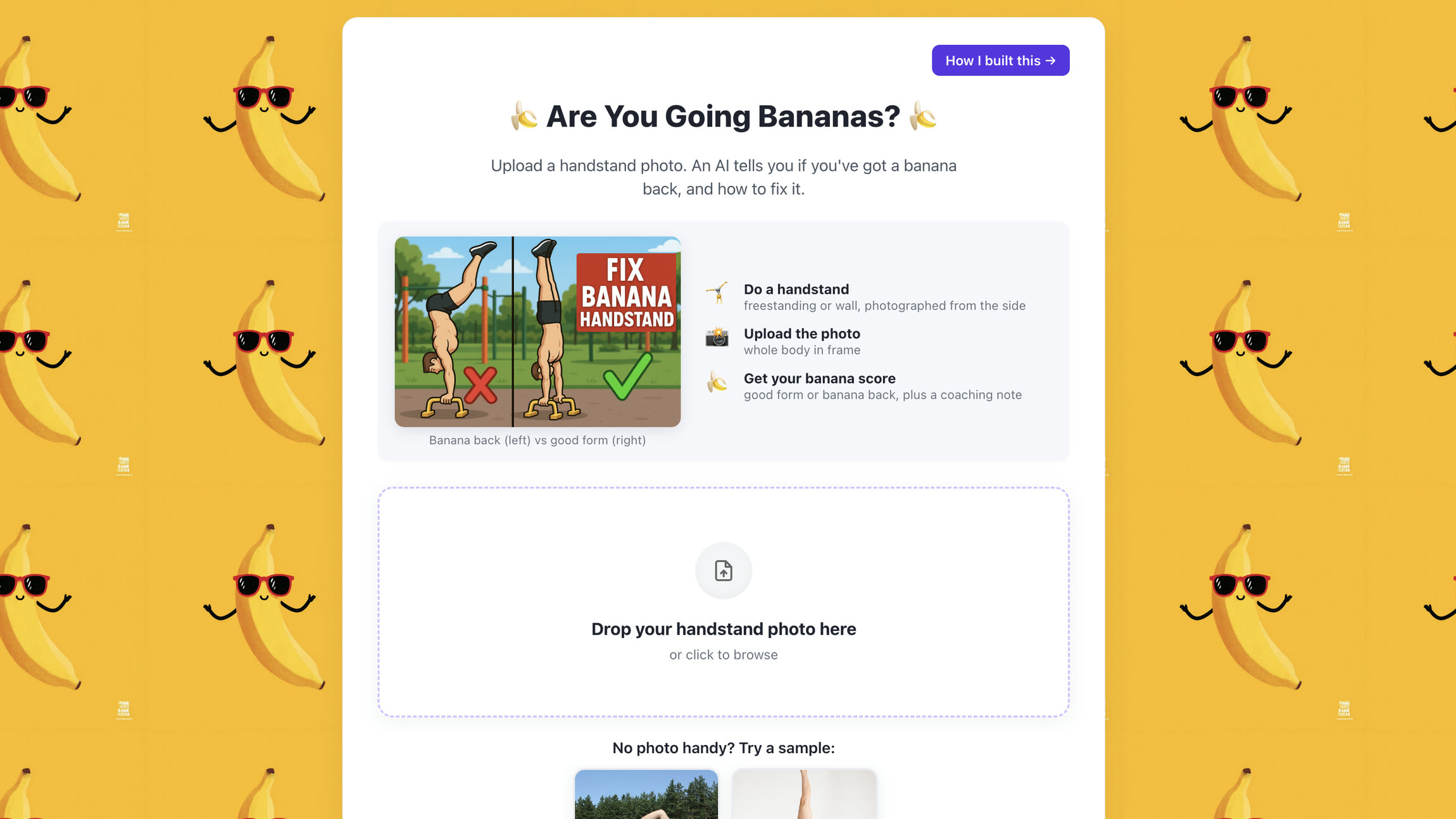 fixmybanana.com: upload a handstand photo and a vision model calls the form