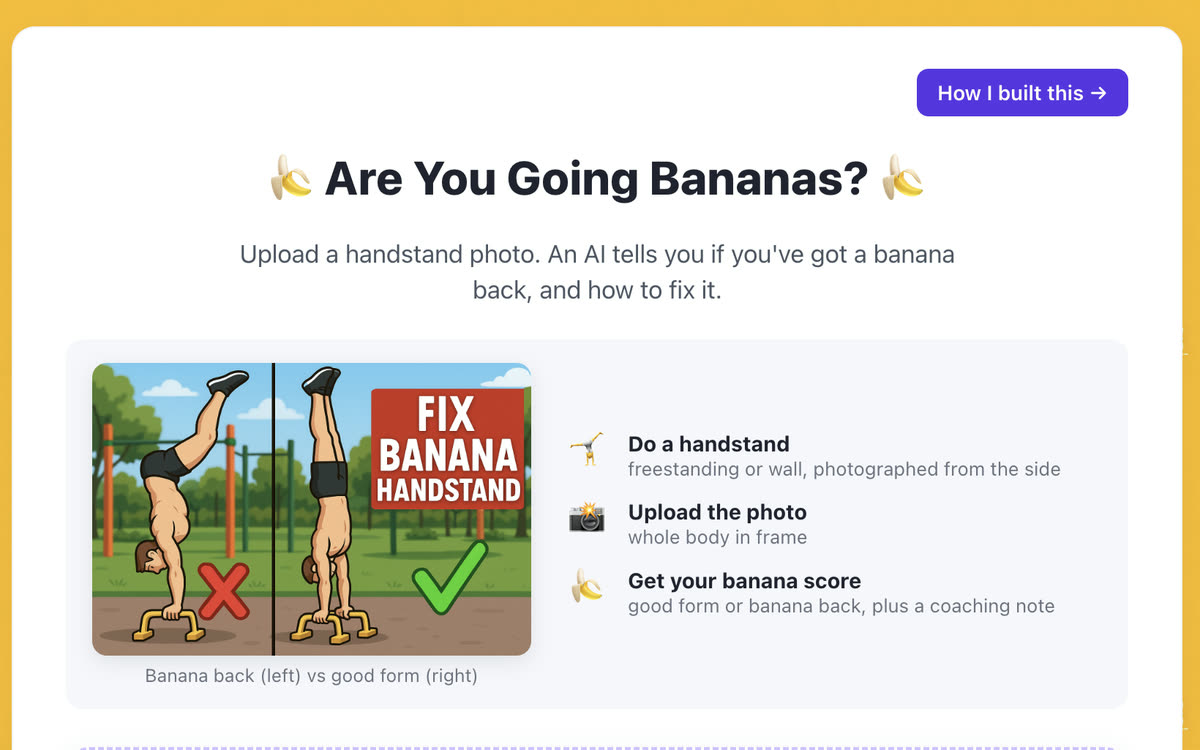fixmybanana.com, comparing a banana back handstand with good form